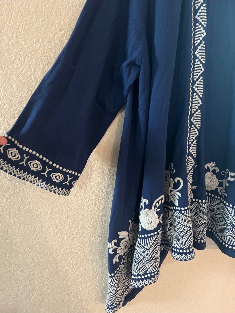 Johnny Was Navy Open-Front Embroidered Cardigan with White Trim - Picture 3 of 7